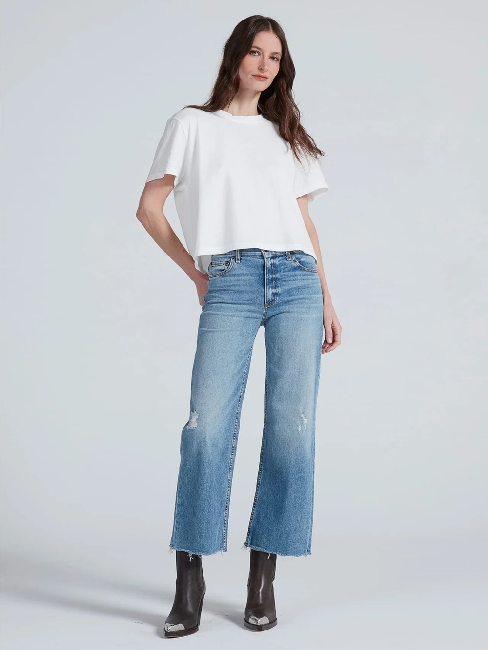 ASKK NY Cropped Wide Leg Raw Hem High Rise Distressed Jeans In Trestle Size 26